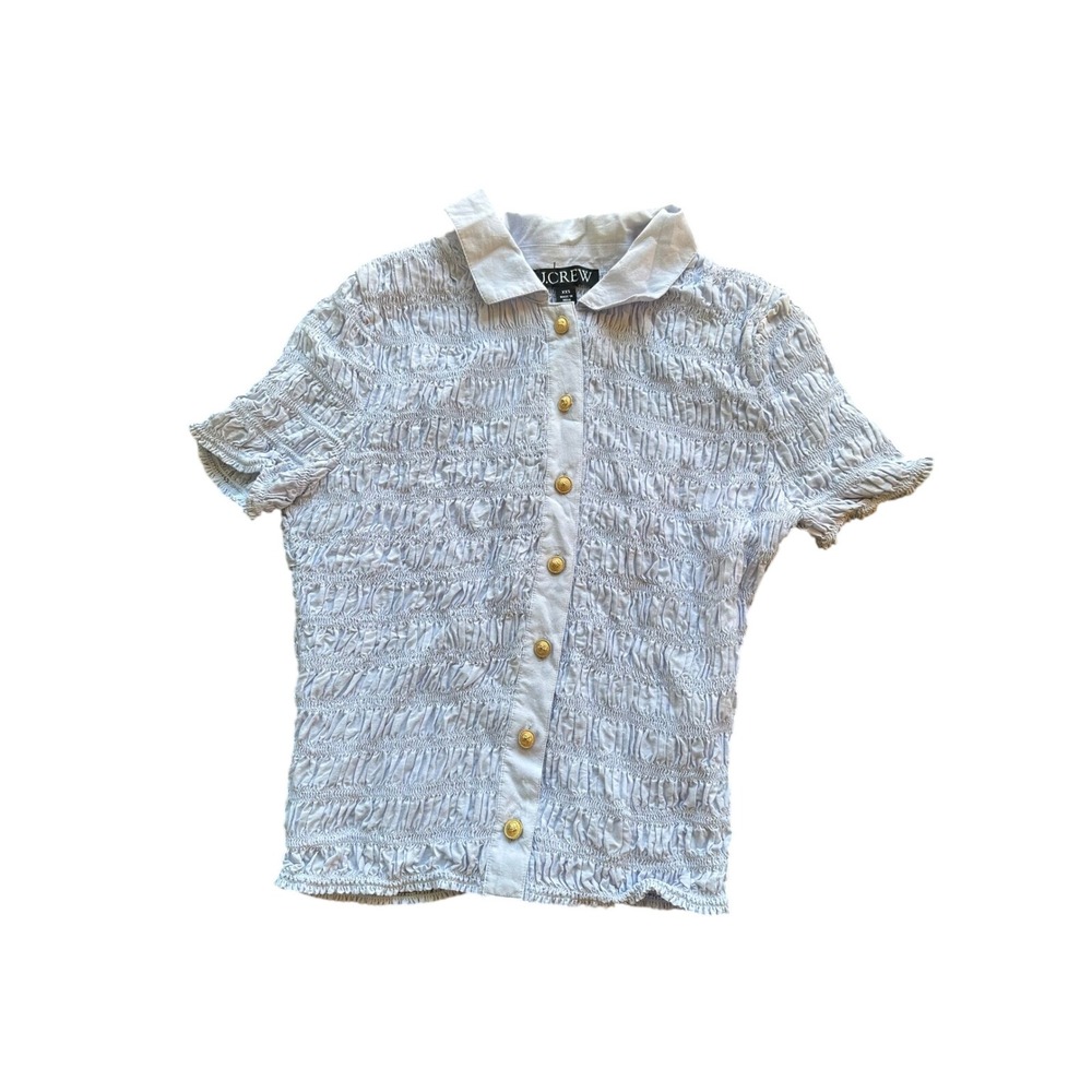 J.Crew Blue Smocked Short Sleeve Button Up Top Gold Crest Buttons XXS